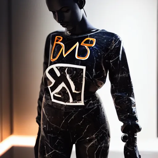 Image similar to dark black marble statue of a beautiful woman with colorful motocross logos in the style of virgil abloh, dark soft lighting, cinematic, very very beautiful, detailed, off white, heron preston, 8 k, 4 k, detailed, beautiful, symmetrical, vogue, editorial, fashion, magazine, museum lighting, night time, dark