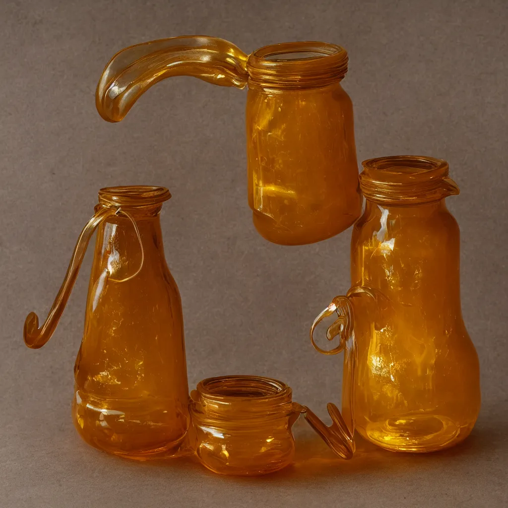 Image similar to klein bottle honey jar, product photography, beautiful studio photography, golden glowing honey