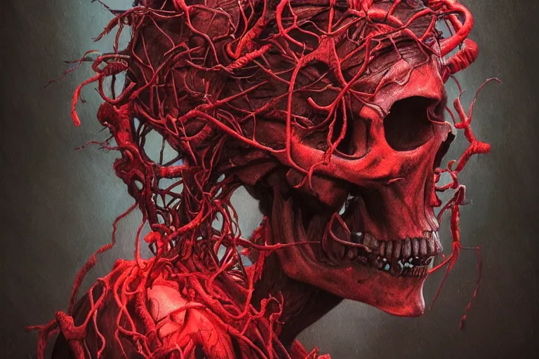 Image similar to realistic portrait beautiful detailed matte painting of cinematic movie scene a skinned skull, tentacles, black and red, thorns, vines, horror, created by gustave dore and greg rutkowski, high detailed, smooth draw, synthwave neon retro, intricate, realistic proportions, dramatic lighting, trending on artstation.