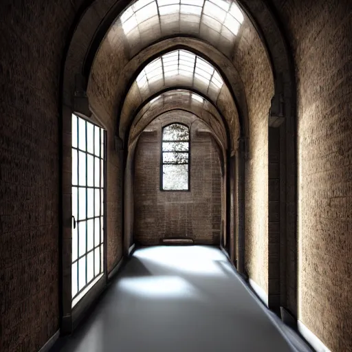Prompt: a long shadowy asylum hallway, arched ceiling, one point perspective, vanishing point, symmetrical composition, rich colors, dramatic lighting, by lee madgwick, photorealistic, v - ray render 8 k uhd