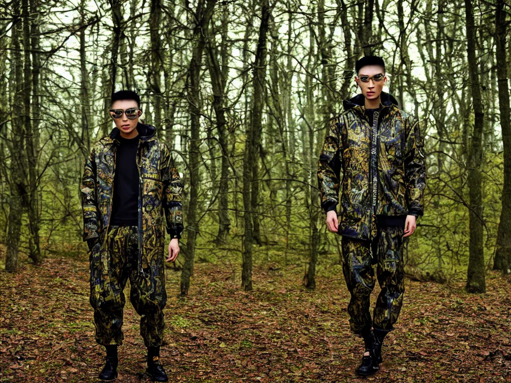 Image similar to versace avant garde oversized jacket arctic camouflage pants fur green gold necklace textiles streetwear cyberpunk buff fit japanese asian man shaved head in the woods overcast late evening dramatic professional color 8 k hdr