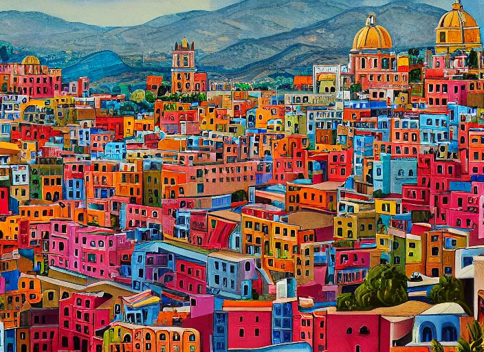 Image similar to guanajuato city, a beautiful painting representative of the art style of wes anderson and spike jonze