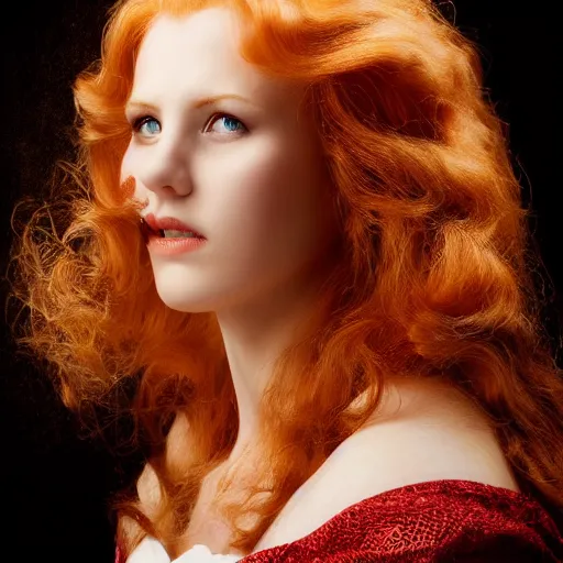 Image similar to front centered symmetrical composition of an adult woman with flowing strawberry blonde hair. smoky environment. fair skin, intense eyes. Focused. Strong chin. hdr photograph. dramatic lighting, cinematic, establishing shot, high detail, cinematic lighting. nouveau portrait by Gil Elvgren. Medieval long gown.