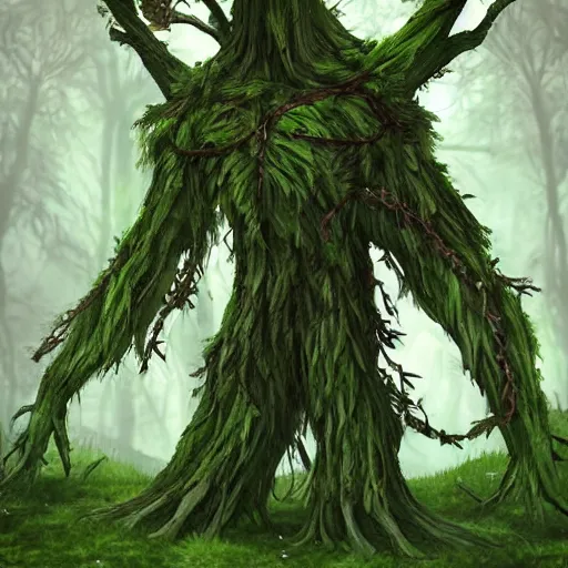 Prompt: green old treant, treant made of leaves and roots, old tree, old humanoid ents, epic fantasy style, green theme, forest background, hearthstone artwork