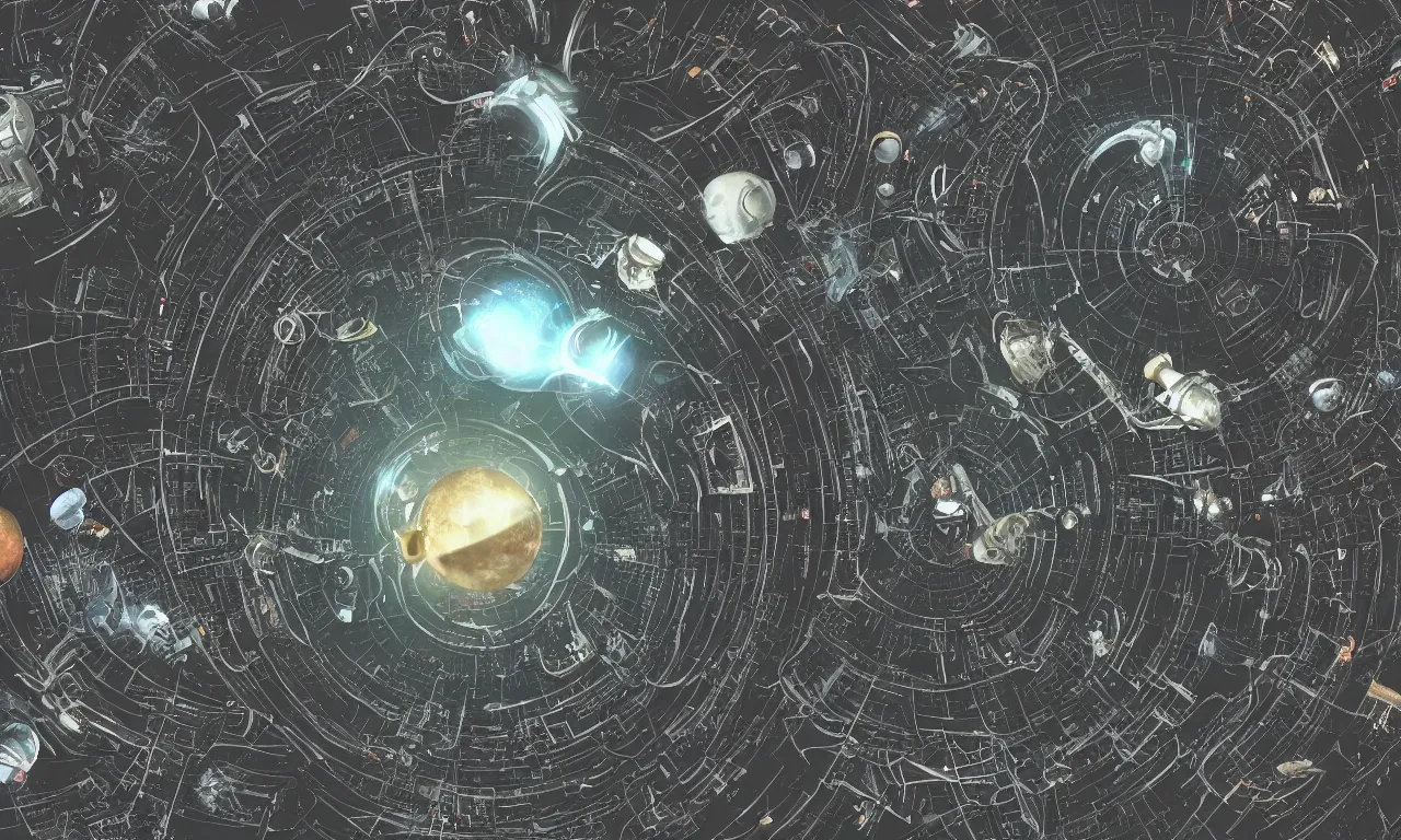 Prompt: a space junkyard forming a tilted disk with vortex in the center in black starless space, a graveyard of space stations and giant space structures, dark sci - fi game map, solid