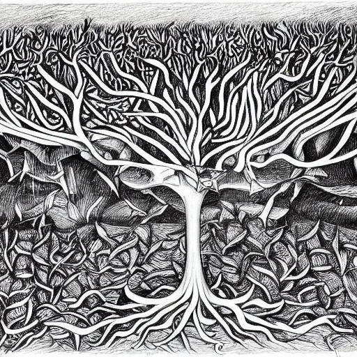 Prompt: the tree of knowledge bearing strange fruit by mc escher, line art, charcoal, ink drawing, illustration, color