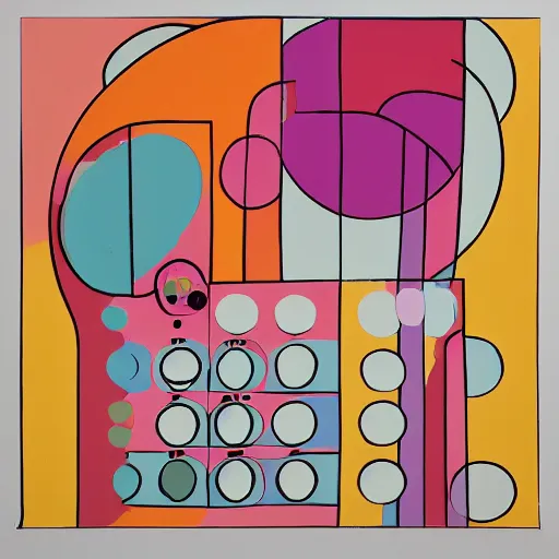 Image similar to a painting of a rotary dial phone, abstract painting in the style of Sophie Taeuber-Arp and Gary Hume and Tatsuro Kiuchi, flat colour-block style, geometric abstraction, earthy pastel colours