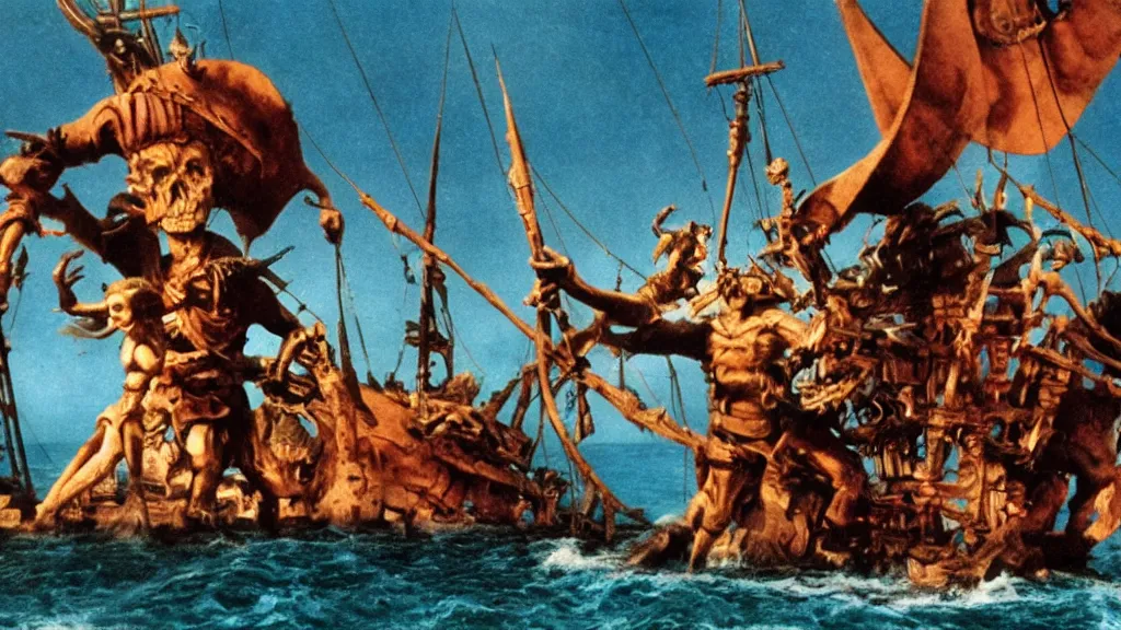 Prompt: still from a stop motion animated movie about a giant cyclops attacking a pirate ship by ray harryhausen, nineteen seventy five, cinematic lighting, ultra realistic, panavision, wide screen, saturated color, seventies cinema, vintage, sword and sorcery