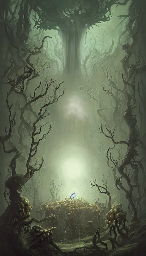 Prompt: a storm vortex made of many demonic eyes and teeth over a forest, by peter mohrbacher