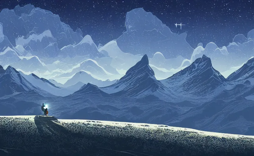 Prompt: mountains, stars and paisley filled sky, artstation, intricate, highly detailed, digital painting, concept art, sharp focus, illustration by Raphael Lacoste and James Gilleard