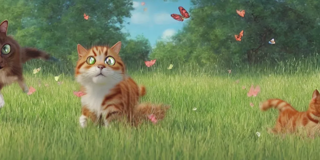 Prompt: a cinematic still of a cat and a dog playfully chasing butterflies in a park, calm evening, in the style of pixar and ghibli studio and disney