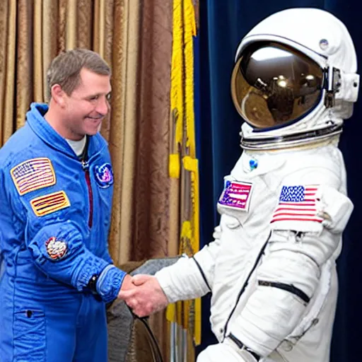 Image similar to astronaut cat shaking hands with the president