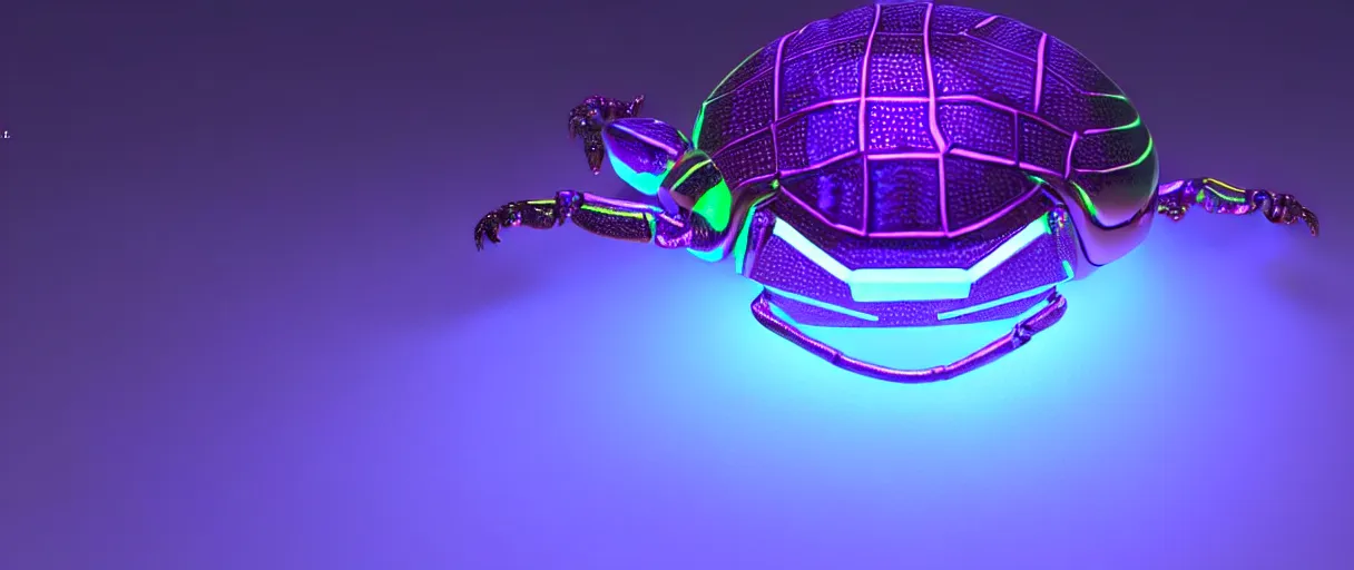 Image similar to hyperrealistic 3d render glowing holographic cyborg scarab! jeweled gorgeous! dramatic purple neon lighting vray high quality low angle hd 8k sharp shallow depth of field