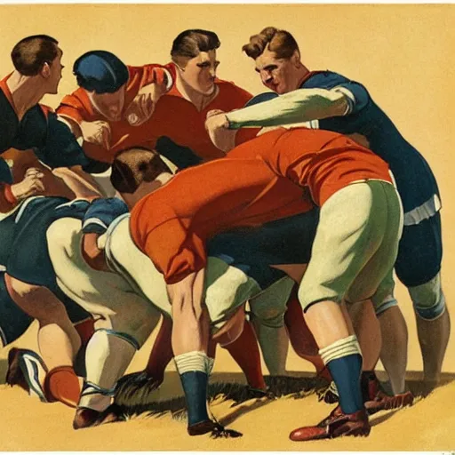 Prompt: 1920s full color illustraion by J.C. Leyendecker of handsome male rugby players in a scrum on the field, rugby ball on the ground in between the handsome rugby players