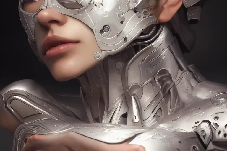 Image similar to ultra realistic, beautiful cyborg woman, eyes closed, sci-fi, fantasy, mythical, intricate, elegant, highly detailed, digital painting, octane render, substance painter, zbrush, artstation, concept art, smooth, sharp focus, eerie, illustration, 8k, HD, art by artgerm and greg rutkowski and raphael