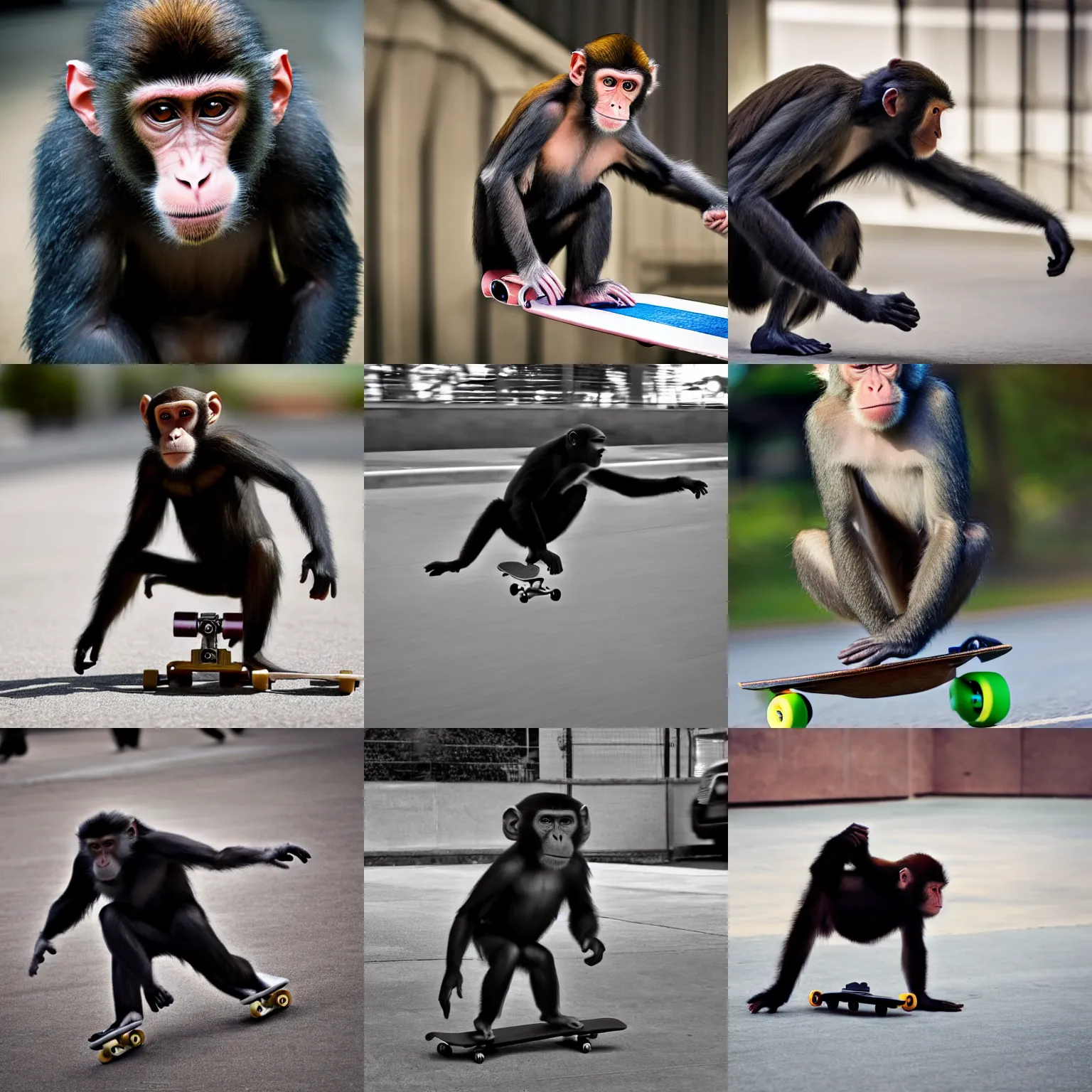 Prompt: beautiful realistic high quality photo of a monkey skateboarding wearing a black suit full body, high quality photo, high quality photograph, professional camera photo, wide angle, wide angle lens, hyper realistic, hyperrealism, cinematic photo shot, cinematic lighting, ultra realistic photo, beatiful photo, enhanced photo, 8k resolution, 4k photo, fhd, high quality, photo ultra detailed, intricate details, detailed intricate, highly detailed, photorealistic