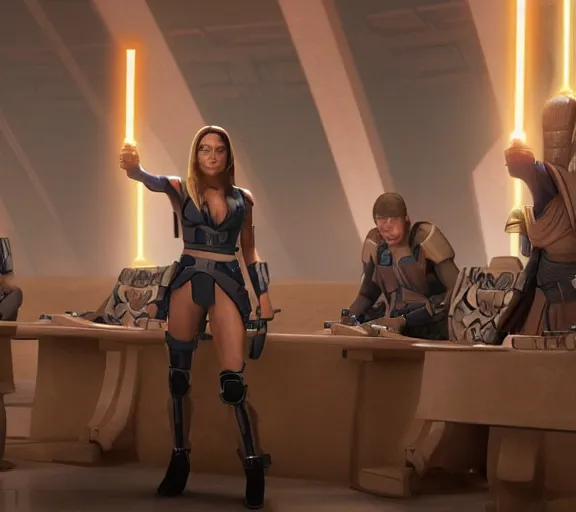 Image similar to Still of Megan Fox on the Jedi Council, being briefed on the clone wars, Star Wars Universe, Cinematic Lighting, beautiful composition, 8K resolution