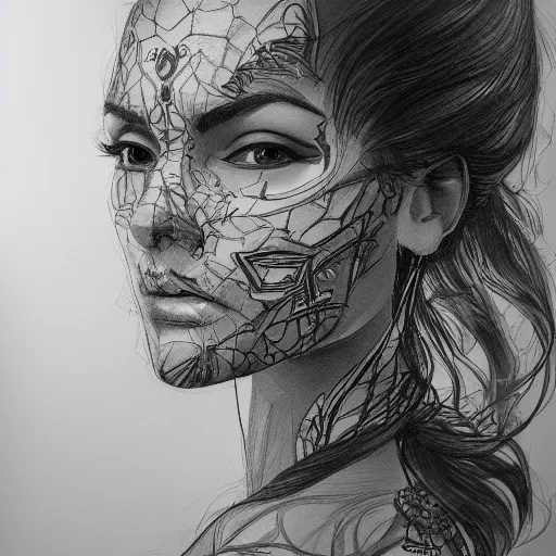 Prompt: a sketch drawing, ultra detailed, portrait, mystical travel, magic, universe, beautiful woman, surreal city, trending on artstation