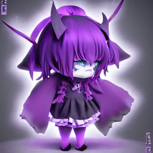 Prompt: cute fumo plush of a void imp who crawled out a hole in reality, anime girl, black and purple flares and ribbon and heart, ruffled and tattered dress, symmetry, gothic, melting crayons, glow, vray