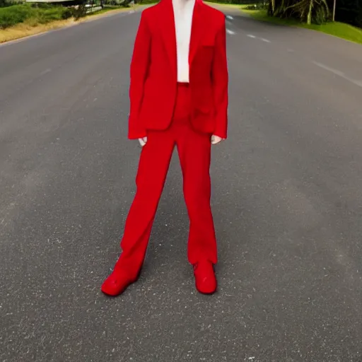 Prompt: one eyed person in red suit without hands