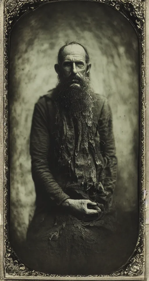 Prompt: a highly detailed wet plate photograph, a portrait of an alchemist