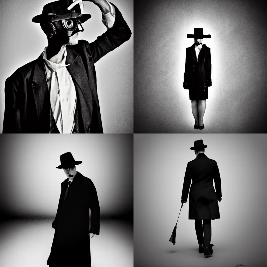 Prompt: Retro styled dark noir fashion photo portrait of a mysterious figure, noir film aesthetic, 3d render, smoke, tense atmosphere, mafia, trenchcoat