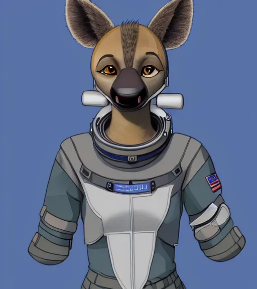 Image similar to digital detailed full body of anthromorphic female hyena, in style of zootopia, fursona, furry, furaffinity, 4 k, deviantart, wearing astronaut outfit, in style of zootopia, floating in space, space background, in deep space, dark background, hyena fursona, cyberpunk, female, detailed face,