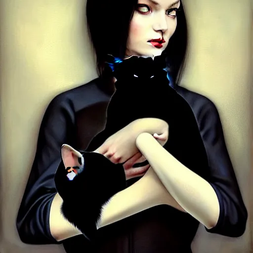 Image similar to a painting of a woman holding a cat, a photorealistic painting by tran nguyen and ilya kuvshinov, featured on deviantart, gothic art, goth, gothic, detailed painting