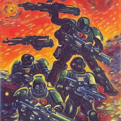 Image similar to a painting of a warhammer 4 0 k space marine squadron, by monet, munch,