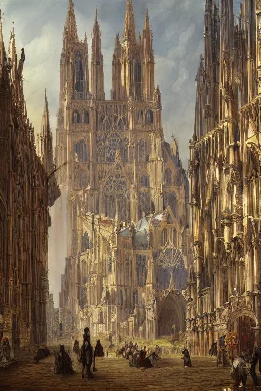 Image similar to group of people in the exterior of a highly detailed cathedral, in the style of samuel prout, highly detailed, elegant, intrincate, colorful, vivid, realist style, hyperdetailed, 4 k resolution, matte painting
