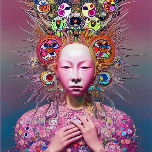 Image similar to the queen of pink by takashi murakami and zdzisław beksiński, oil on canvas, intricately detailed artwork, full 8k high quality resolution, recently just found unknown masterpiece