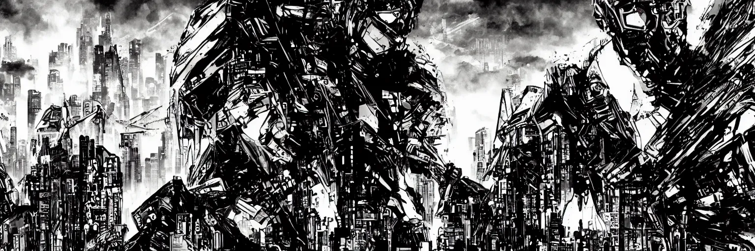 Image similar to Graphic Novel background, high resolution, frank miller, cyber punk, hyper realistic, atmospheric, high contrast