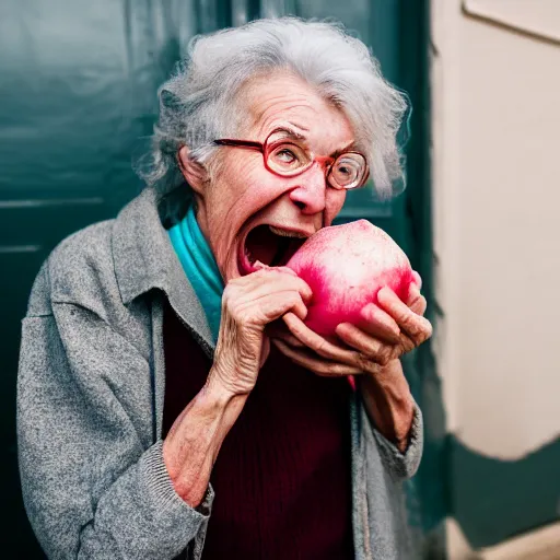 Image similar to elderly woman screaming at a turnip, canon eos r 3, f / 1. 4, iso 2 0 0, 1 / 1 6 0 s, 8 k, raw, unedited, symmetrical balance, wide angle