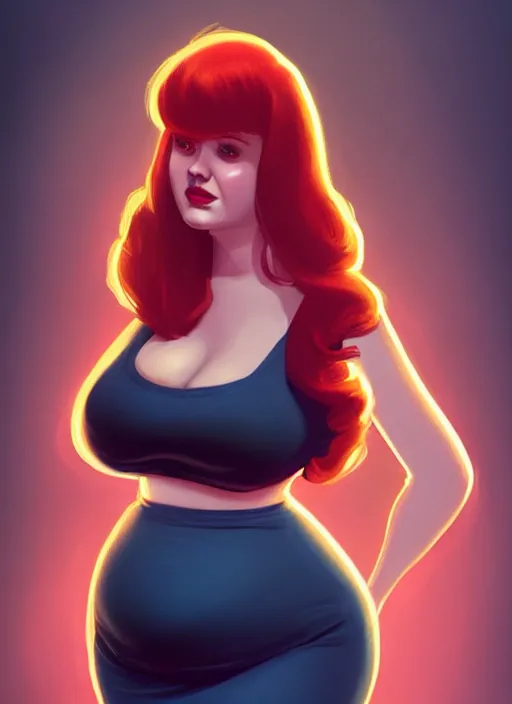 Image similar to full body portrait of teenage cheryl blossom, obese, bangs, sultry, realistic, red hair, sultry smirk, wavy hair, pink skirt, fat, belly, intricate, elegant, glowing lights, highly detailed, digital painting, artstation, concept art, smooth, sharp focus, illustration, art by wlop, mars ravelo and greg rutkowski