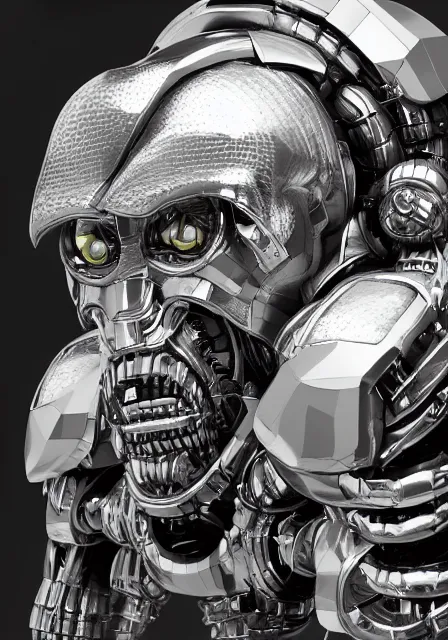 Prompt: potrait hyper detail portrait of a mechanical ape cyborg, silver, sci fi, full body, complex 3 d render, art by kazuhiko nakamura and hajime sorayama, 8 k octane detailed render, post - processing, dramatic studio lighting, extremely hyperdetailed, intricate futuristic mechanic parts, sharp focus, blender, winning award masterpiece, trending on artstation