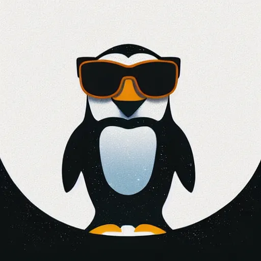 Prompt: digital art of a cute and small penguin sitting on a white wooden chair at night, wearing sunglasses, black background with some stars, detailed lighting and shading! detailed, vector art, by emiliano ponzi, by tom whalen, trending on polycount, private press, low poly, 3 d, sketchfab