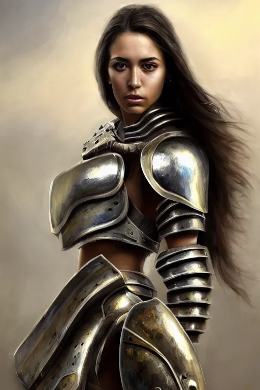 Image similar to a photo-realistically painted portrait of an attractive young woman, partially clothed in metal-plated battle armor, abstract background, flawless olive skin, fair complexion, long dark hair, beautiful bone structure, perfectly symmetric facial features, perfect photorealistic eyes, natural physique, intricate, elegant, digital painting, concept art, finely detailed, beautifully illustrated, sharp focus, minimal artifacts, volumetric lighting, from Metal Gear, by Ruan Jia and Mandy Jurgens and Artgerm and William-Adolphe Bouguerea, in the style of Greg Rutkowski, trending on Artstation, award winning art