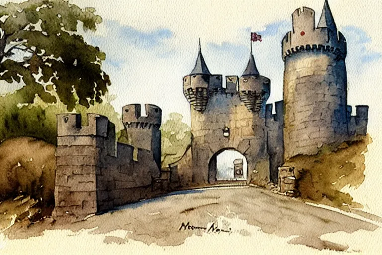 Image similar to 1950s castle gate with drawbridge muted colors. watercolor Jean-Baptiste Monge