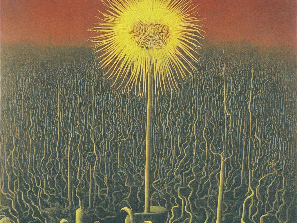 Image similar to Glowing Dandelion seed storm, African god mask rock, windswept, deserted brutalist metropolis, acid rains, giant leeches. The sacred trembling waters. Painting by Rene Magritte, Jean Delville, Max Ernst, Maria Sybilla Merian