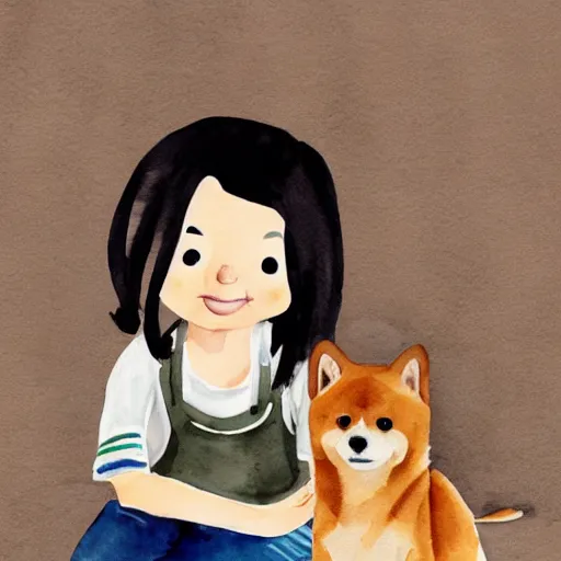 Image similar to a watercolor illustration of a girl with light brown hair, hazel eyes and freckles accompanied by a shiba inu