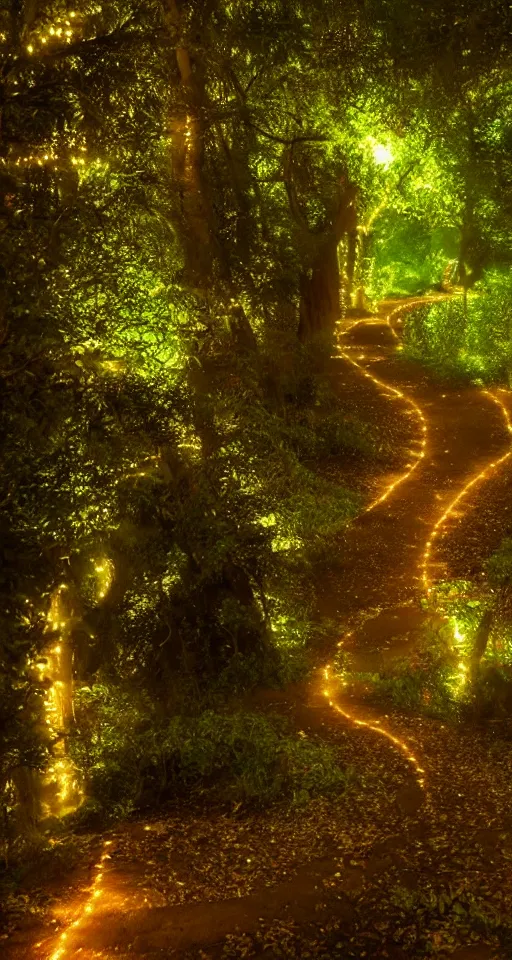 Image similar to a winding pathway through lothlorien, illuminated by an otherworldly glow