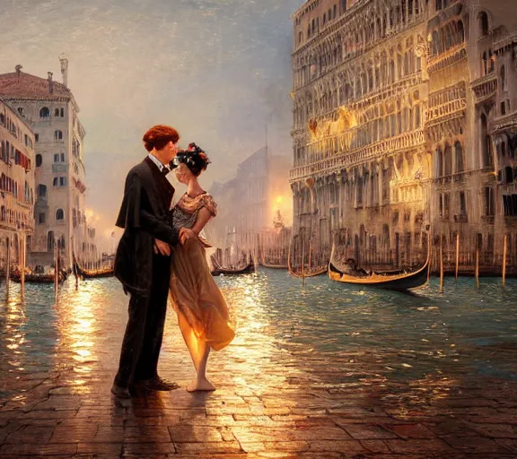 Image similar to photography of a 1 8 th couple in venice with fireworks, deep focus, intricate, elegant, highly detailed, digital painting, artstation, concept art, matte, sharp focus, illustration, art by artgerm and greg rutkowski and alphonse mucha and gil elvgren