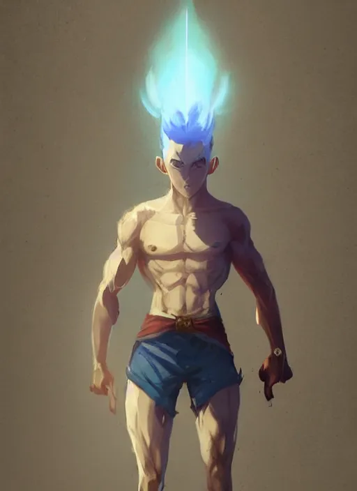 Image similar to a calm young adult male muscular slim blue elf with gey light clothes character design by greg rutkowski