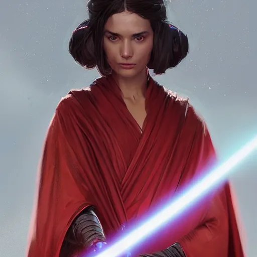 Prompt: portrait of a woman by greg rutkowski, jedi princess, straight black hair, jedi robes, star wars expanded universe, she is about 2 0 years old, elegant, graceful, wearing red jedi robes, highly detailed portrait, digital painting, artstation, concept art, smooth, sharp foccus ilustration, artstation hq