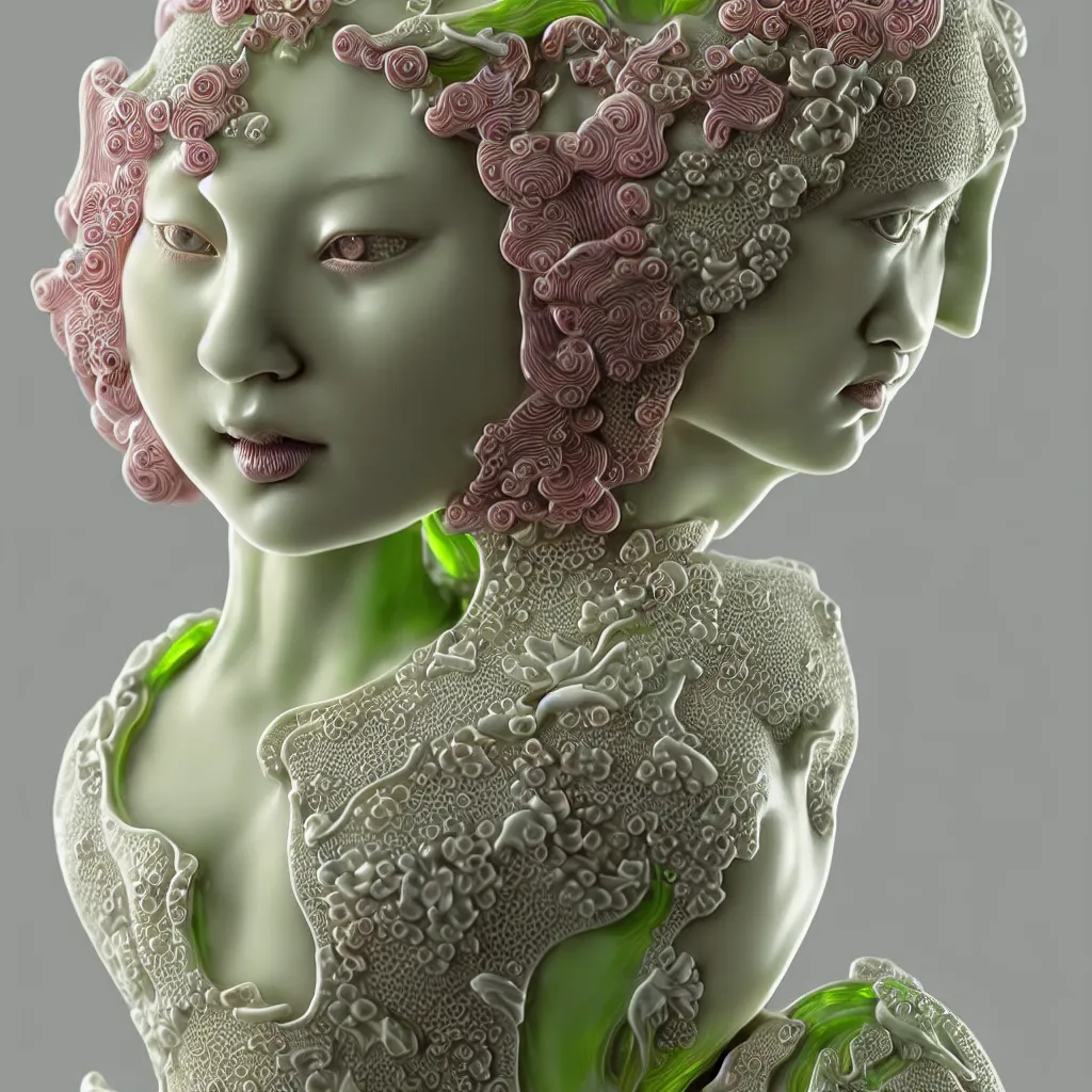 Prompt: A Close up photo real delicate ceramic porcelain sculpture of an ornate detailed blond woman in front of a intricate background by Victo Ngai and takato yamamoto, micro detail, backlit lighting, subsurface scattering, translucent, thin porcelain, octane renderer, neon green light swirling, hot Pink and Black, physically based rendering, japanese pottery, trending on cgsociety