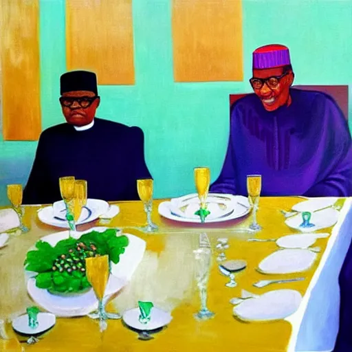 Prompt: president muhammadu buhari sitted at a lavish banquet with a large bastion of chicken minimalist solid background in the style of edward hooper and henri matisse oil painting