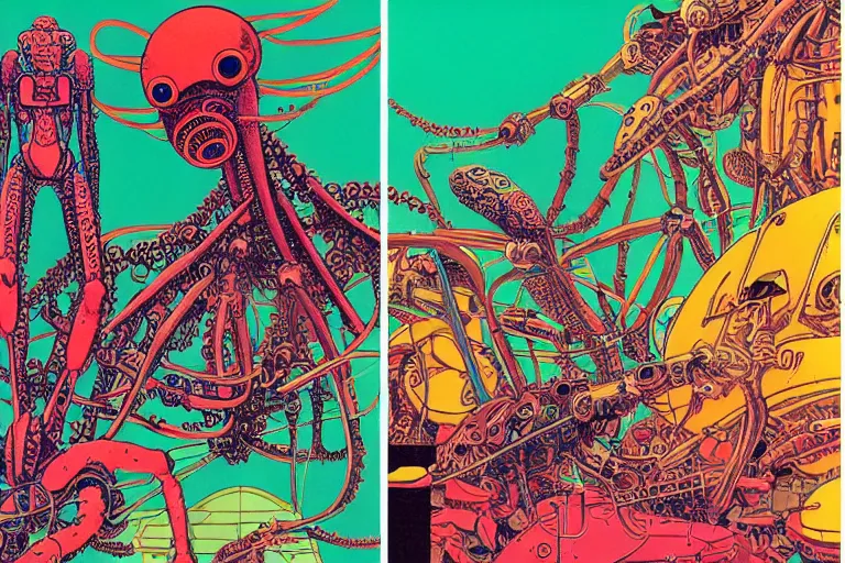 Image similar to risograph grainy drawing vintage sci - fi, satoshi kon color palette, gigantic fat mantis full - body covered with robot parts and wires, with lot tentacles, insects and dragonflies around, painting by moebius and satoshi kon and dirk dzimirsky close - up portrait