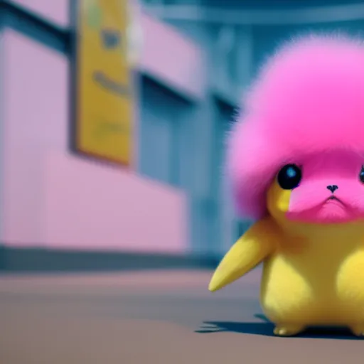 Image similar to extremly detailed pikachu with pink fluffy fur, photorealistic, high details, 8 k, sharp focus, octane render, volumetric light