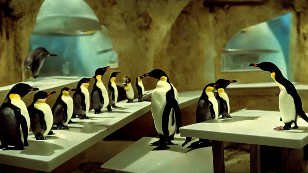 Image similar to restaurant for penguins, film still from the movie directed by denis villeneuve and david cronenberg with art direction by salvador dali and dr. seuss