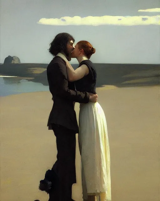 Image similar to a guy and a girl kissing, art by greg rutkowski, gustave courbet, rosa bonheur, edward hopper. faithfully depicted facial expression, perfect anatomy, sharp focus, global illumination, radiant light, detailed and intricate environment, trending on artstation